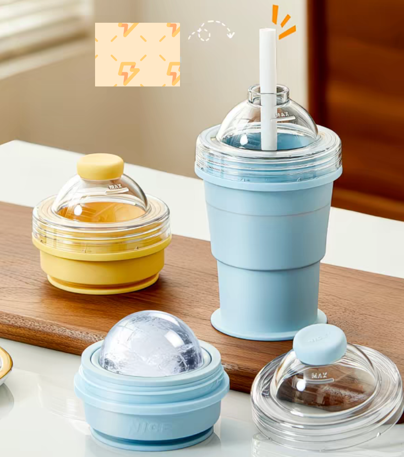 2-in-1 Collapsible Silicone Ice Ball Maker Cup, Portable Silicone Ice Sphere Mold Reusable Water Cup with Straw & Leakproof Lid Press Demold Travel Cup for Coffee Juice Home Gym Outdoor(Blue)