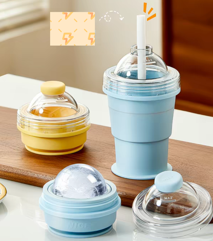 2-in-1 Collapsible Silicone Ice Ball Maker Cup, Portable Silicone Ice Sphere Mold Reusable Water Cup with Straw & Leakproof Lid Press Demold Travel Cup for Coffee Juice Home Gym Outdoor(Blue)