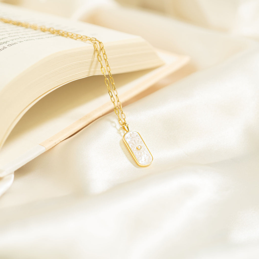 14K Gold Plated Sterling Silver Mother of Pearl Sunburst Mystical Paperclip Chain Necklace