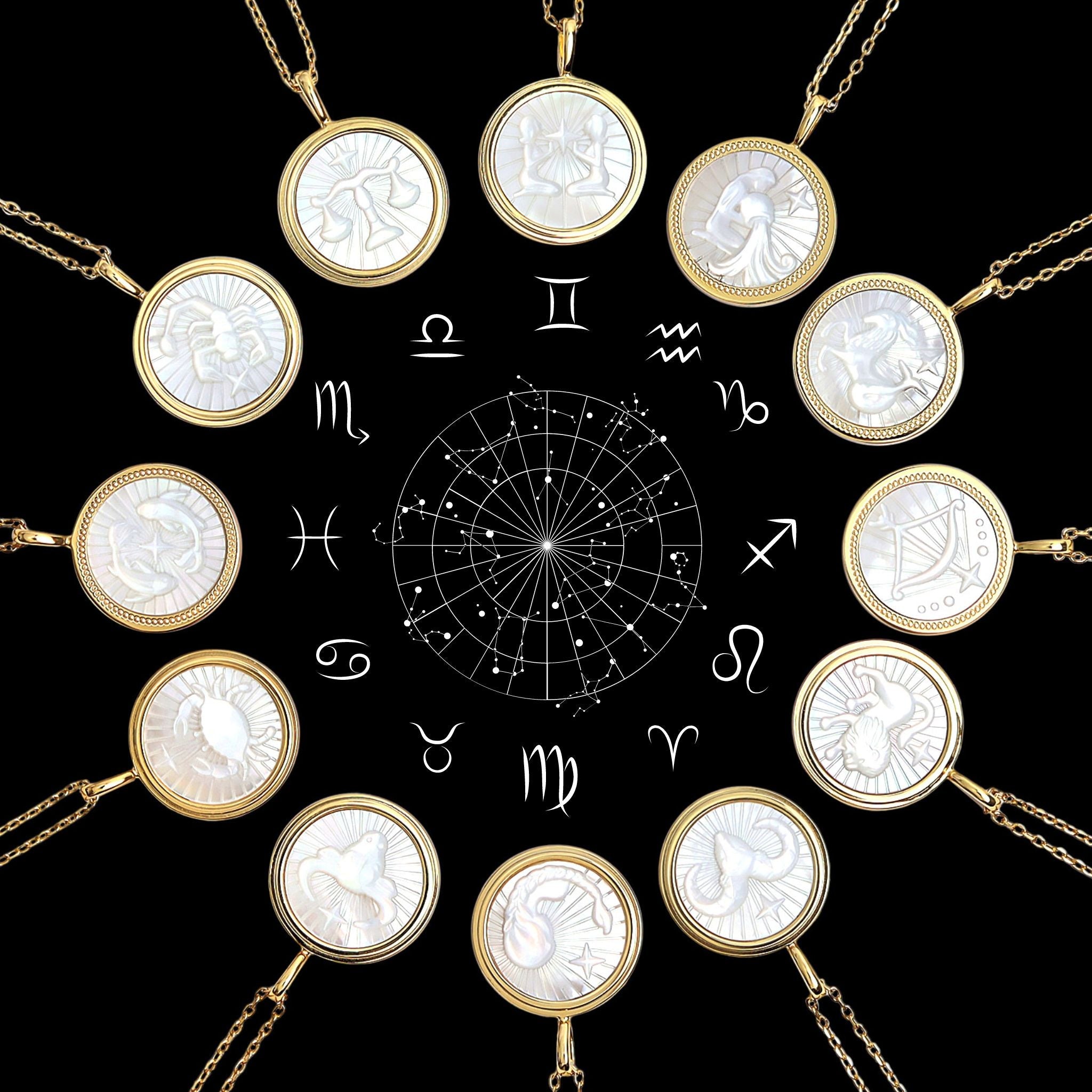 14K Gold Plated Sterling Silver Mother of Pearl Zodiac Pendant Necklace