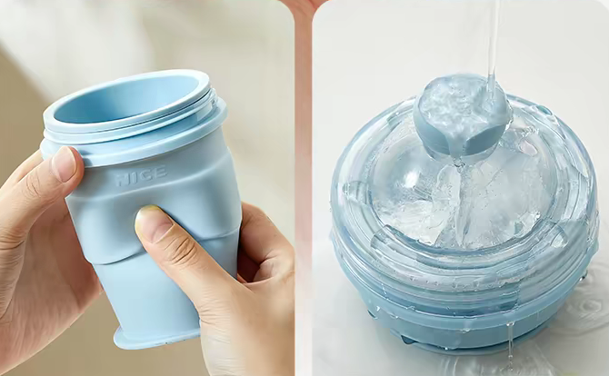 2-in-1 Collapsible Silicone Ice Ball Maker Cup, Portable Silicone Ice Sphere Mold Reusable Water Cup with Straw & Leakproof Lid Press Demold Travel Cup for Coffee Juice Home Gym Outdoor(Blue)