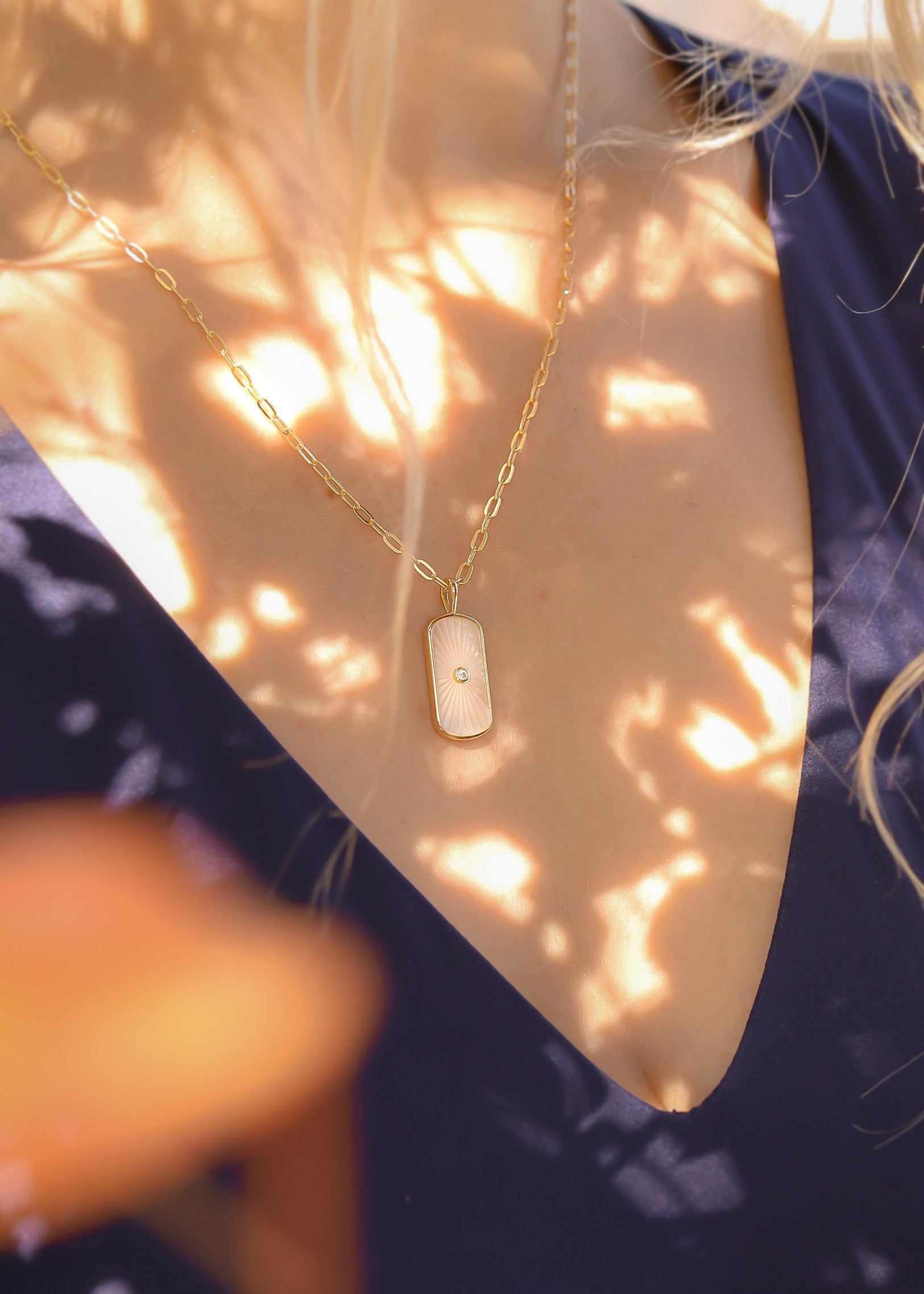 14K Gold Plated Sterling Silver Mother of Pearl Sunburst Mystical Paperclip Chain Necklace