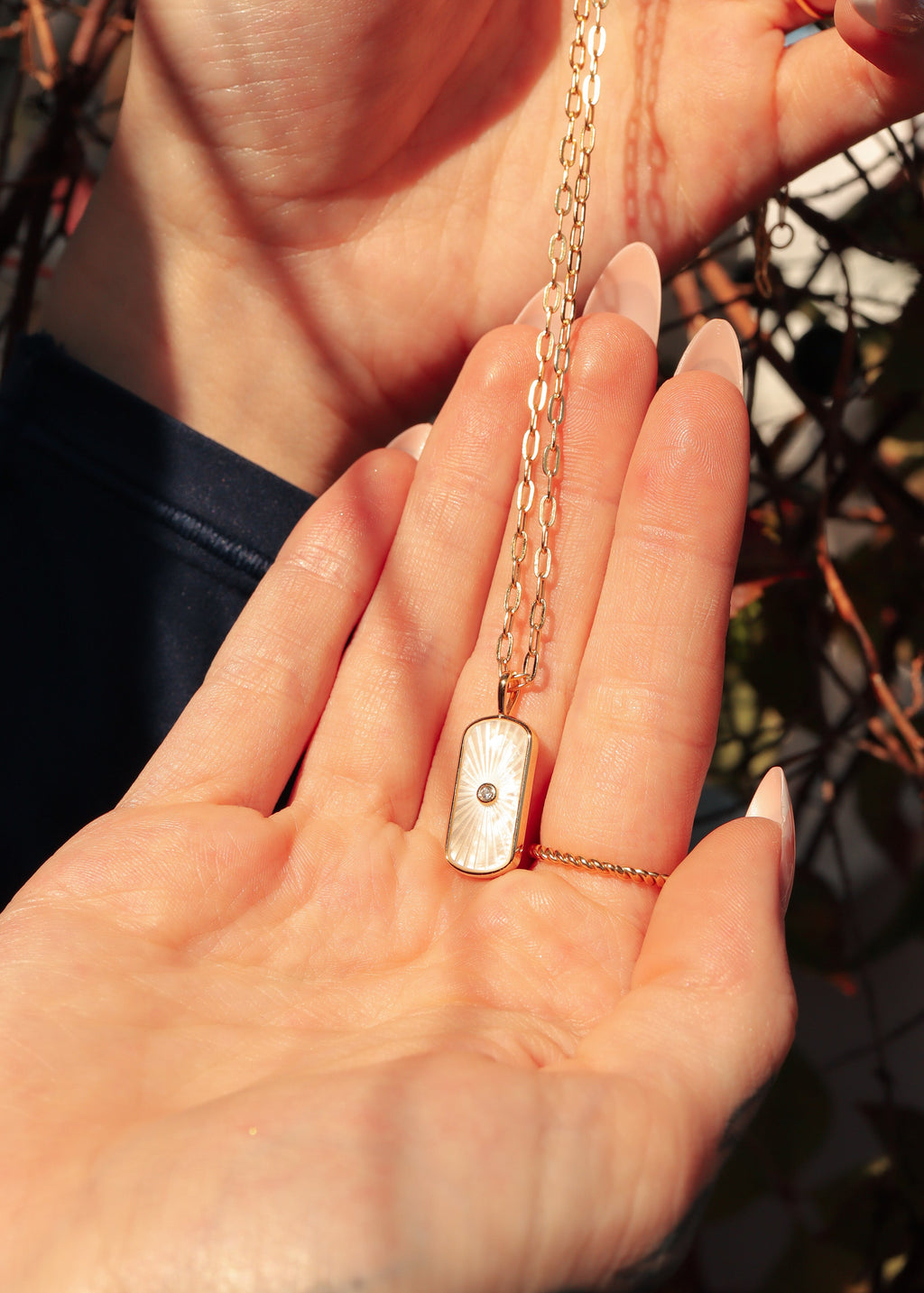 14K Gold Plated Sterling Silver Mother of Pearl Sunburst Mystical Paperclip Chain Necklace