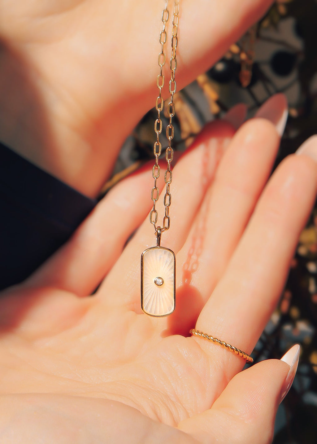 14K Gold Plated Sterling Silver Mother of Pearl Sunburst Mystical Paperclip Chain Necklace